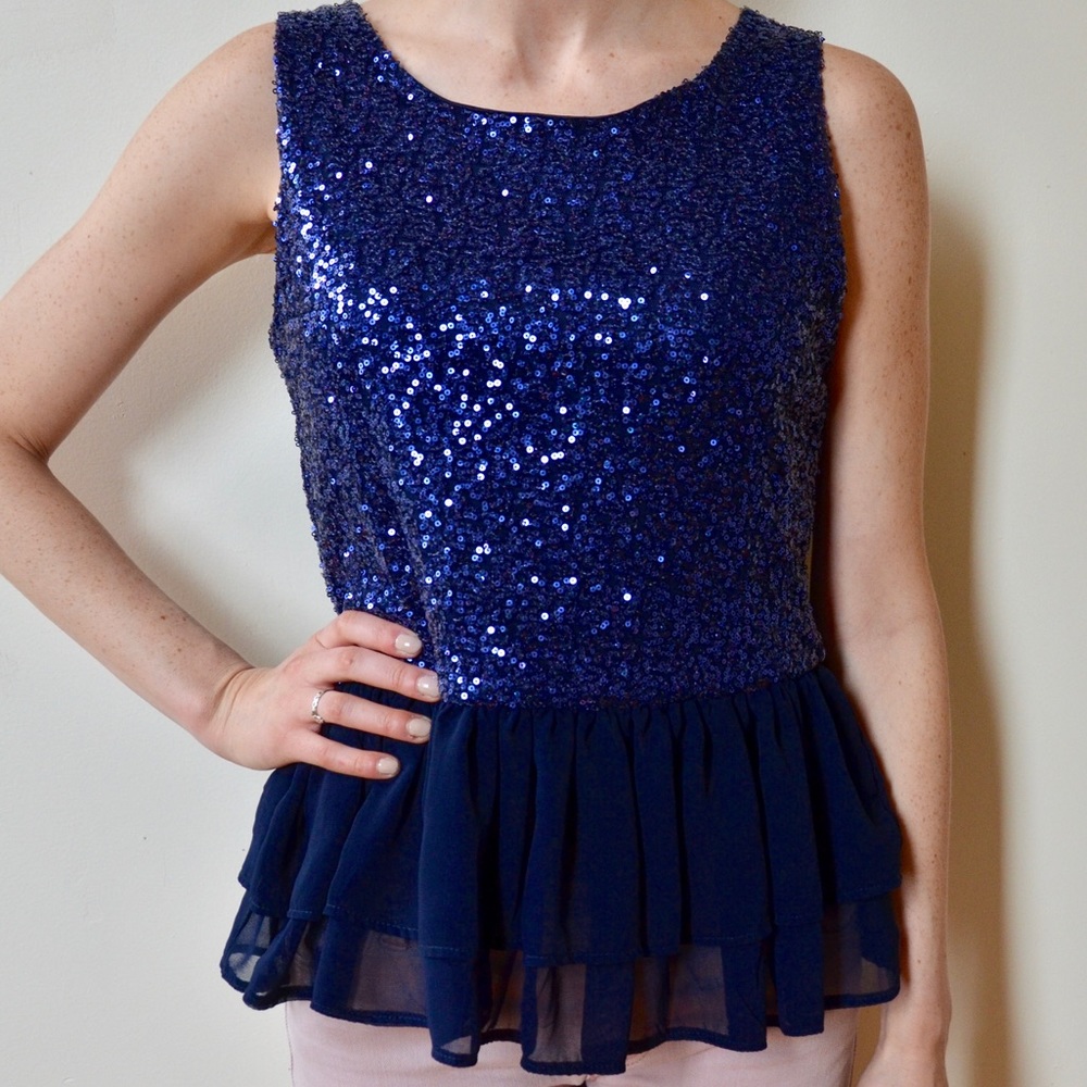 Sequin Peplum Top with Bow Back